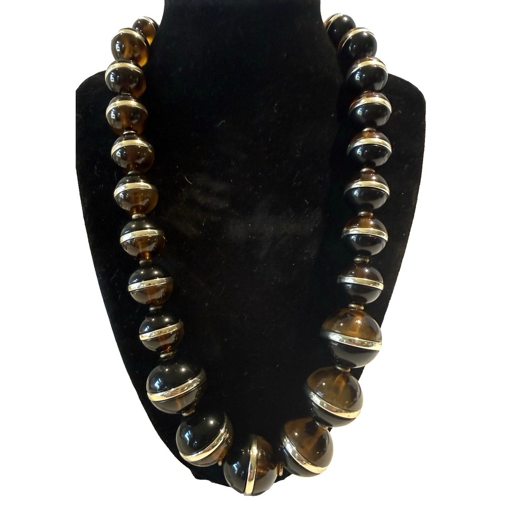 Coldwater Creek Black Brown Tortoise Ball Bead Gold Tone Necklace Chunky 22"